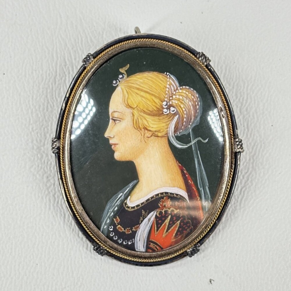 Antique Hand Painted Porcelain Pendant And Pin Marked 800 Blonde Lady